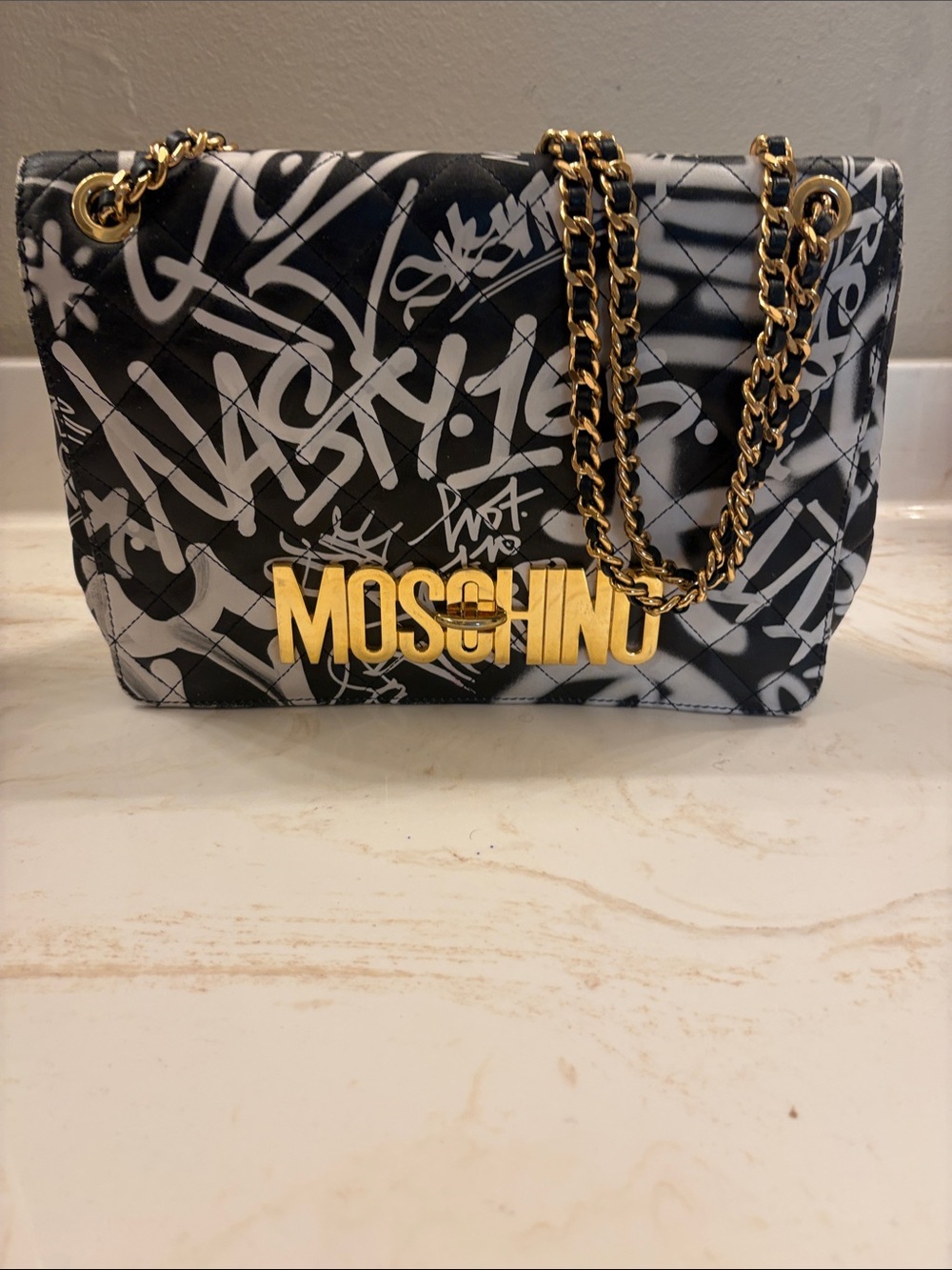 Moschino Black & White Graffiti Logo Shoulder Bag